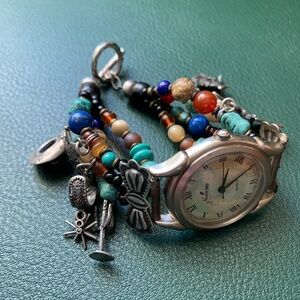 Vintage Peyote Bird Designs Sterling Silver Semi-precious Stones & Charms Watch